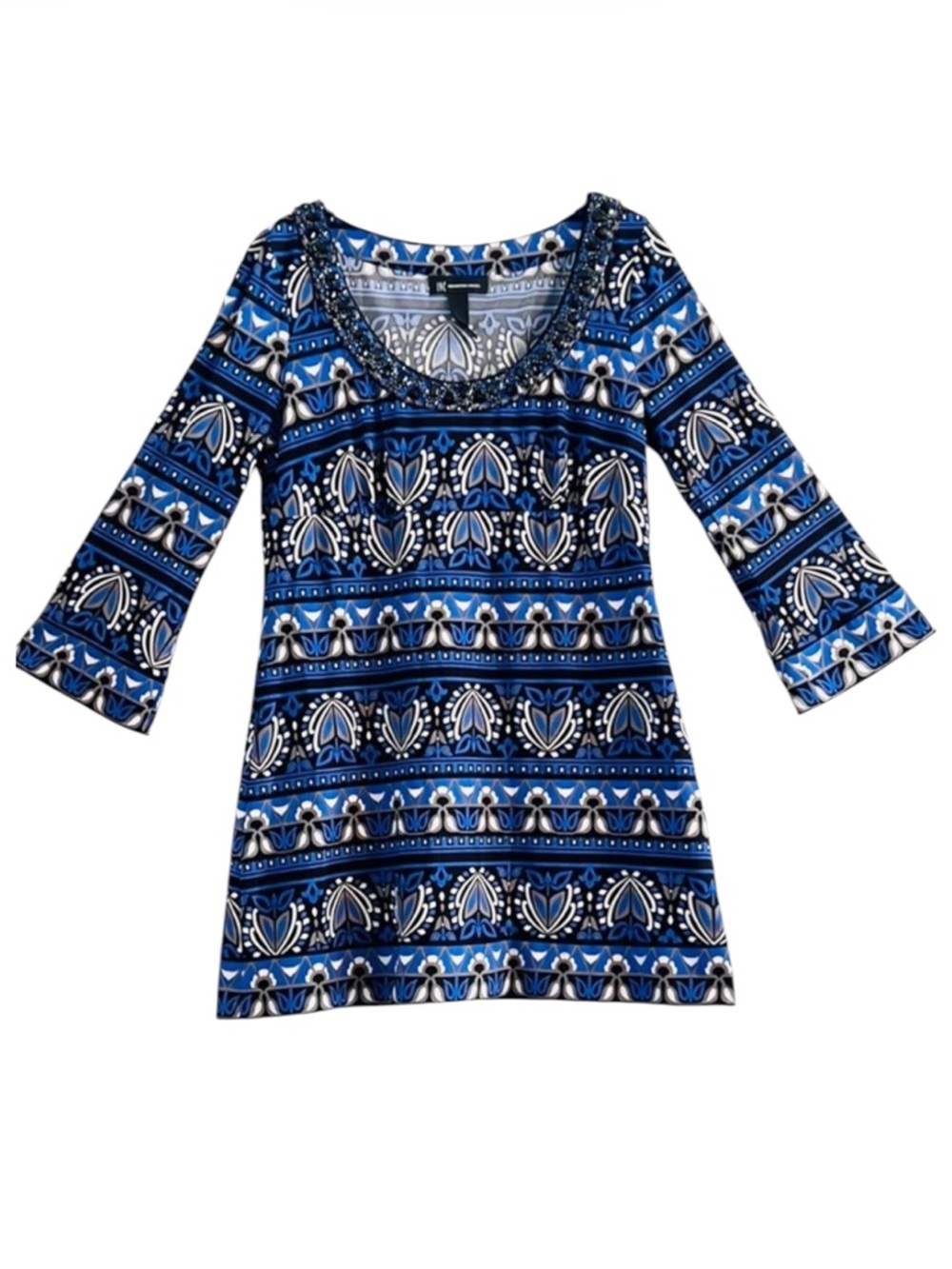INC International Concepts Blue Hues Scoop Neck with Beaded Jem Neckline Size M